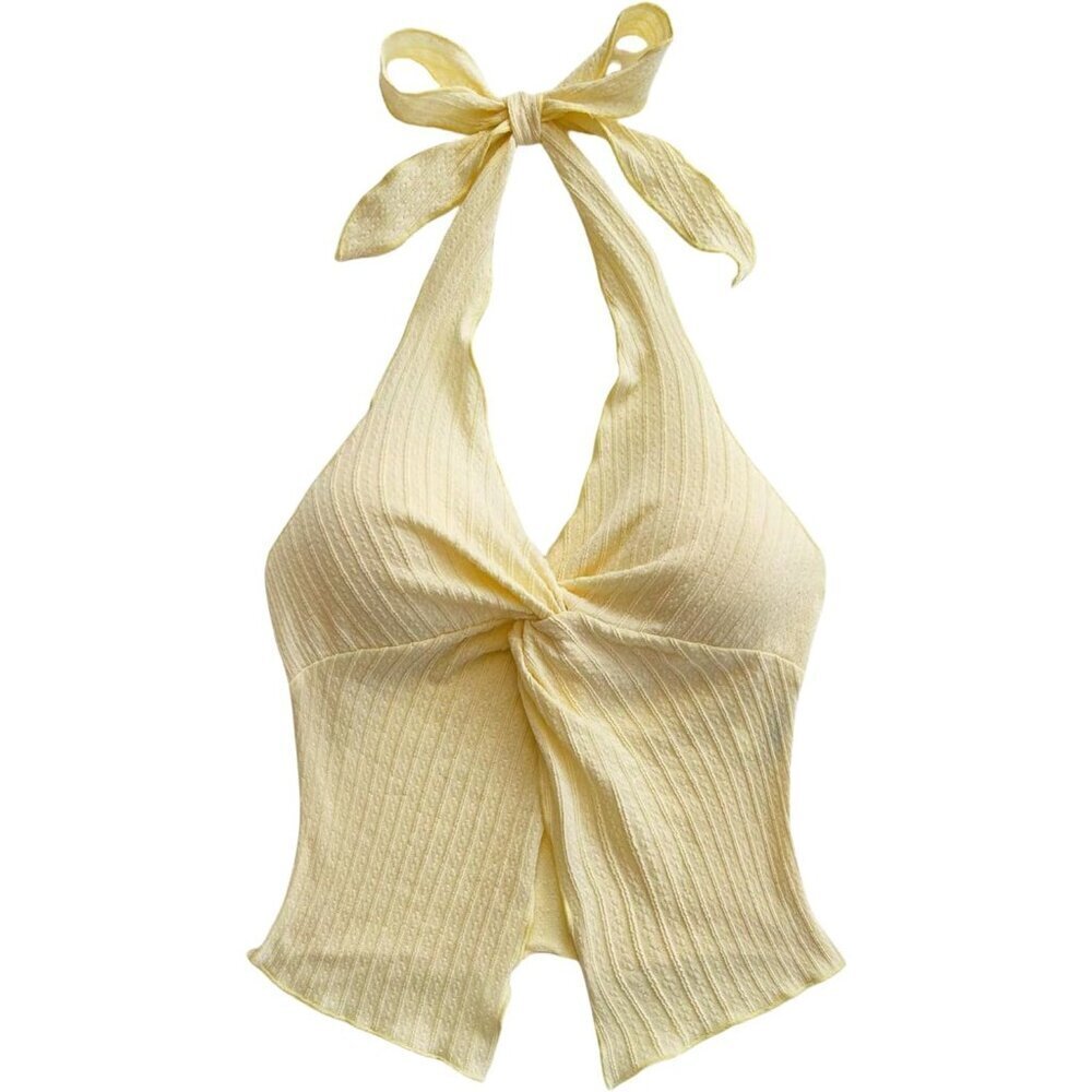 Women's Summery Halter Top Twist Front Slit Backless V Neck Tank Small